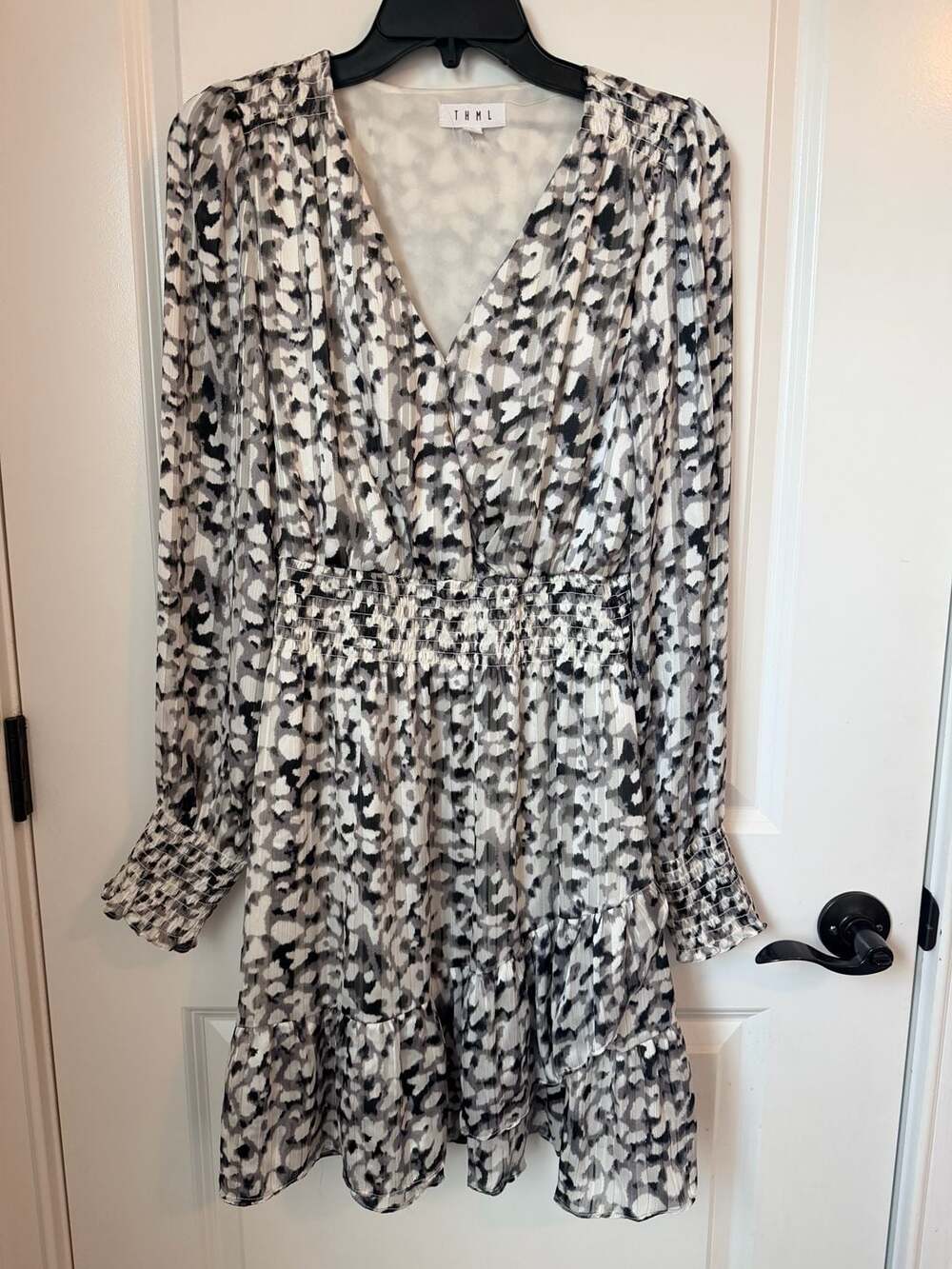 THML Womens Long Sleeve Smocked Waist Ruffle Hem Mini Dress Leopard Print Gray